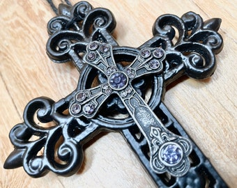 Petite Black Fleur De Lis Cast Iron Wall Cross Perfectly Embellished with an aged Silver Metal Purple Rhinestone Cross, The Perfect Gift