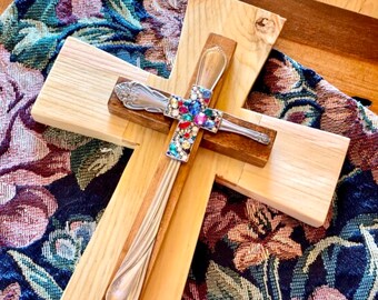 Wall Cross Decor, Antique Wall Cross, Wood Cross, Rhinestone Cross, Christian Gift, Farmhouse Decor, Metal Wall Cross, Religious Gift, Cross