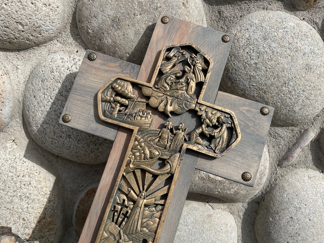 Life of Jesus Cross, Wood Wall Cross, Christian Decor, Wall Cross