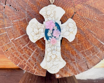 Cross Decor, Antique Cross, Floral Cross, Rhinestone Cross, Christian Gift, Resin Wall Cross, Religious Decor, Cross, Flowers, Pearls, Faith