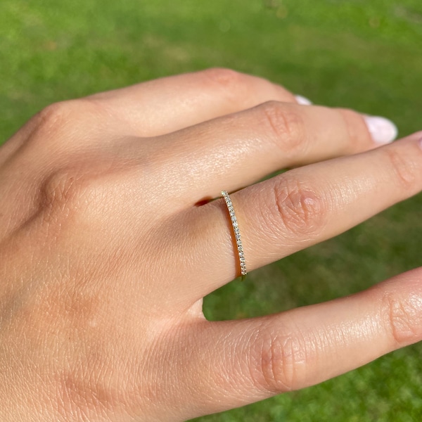 1.10 mm Pave Setting Diamond Ring, Thin Wedding Band, Half Eternity Band, 14K Rose, White, Gold, Minimalist Diamond Ring, Valentine's Day