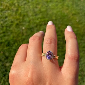 Antique Halo Diamond & Amethyst Ring in 14K Yellow, Rose or White Gold, Vintage Halo Gemstone Ring, 14K Gold Art Deco Anniversary Ring Gift