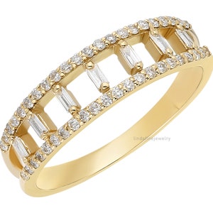 Baguette and Round Diamond Multi-Row Ring in 14K Yellow Gold, Baguette Brilliant Diamond Anniversary Ring, Baguette Wedding Band, Gift Women