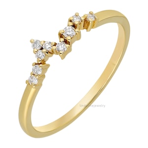 Anillo de racimo de diamantes, anillo de oro macizo apilable Dainty 14k, banda de boda de diamantes, ajuste de clavijas, anillos de boda en racimo, regalos de San Valentín