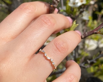 14 K Solid Gold Baguette and Round Diamond Wedding Band, Baguette