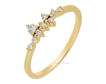 Anillo de racimo de diamantes en oro macizo de 14k, anillo de bodas de racimo, anillo apilable delicado, anillo de diamantes de estilo minimalista, regalo de aniversario para mujeres