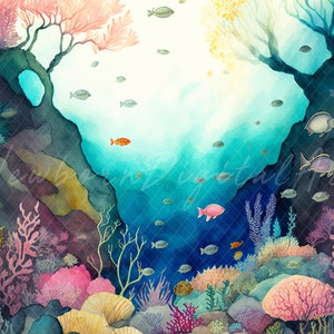May include: A watercolor painting of an underwater scene with coral reefs, colorful fish, and two trees with branches reaching up towards the surface of the water.