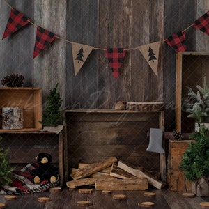 May include: A rustic woodland-themed backdrop for photography featuring a wooden crate, a plaid blanket, a teddy bear, a small axe, and several small pine trees. A red and black plaid banner hangs above the scene.