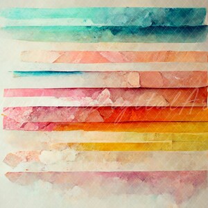 May include: Abstract watercolor painting with horizontal stripes in shades of blue, pink, orange, and yellow. The stripes are layered on top of each other, creating a sense of depth and movement.