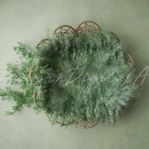 May include: A green, fluffy, circular newborn baby photo prop with a woven wicker rim. The prop is on a green background.