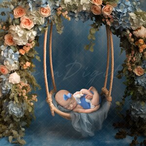 Newborn digital Backdrop, Newborn floral swing, Newborn swing Background, Digital Newborn swing prop, blue and orange florals