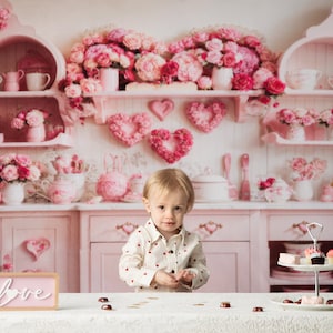 May include: A young child wearing a white shirt with red hearts stands in front of a pink kitchen backdrop. The backdrop features shelves with pink floral arrangements and heart-shaped decorations. A wooden sign with the word "love" is on a white table in front of the child.
