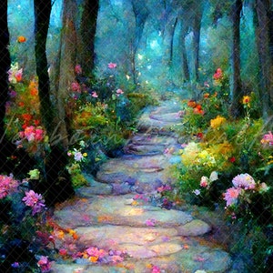 Puede incluir: Un camino de piedra serpentea a través de un bosque exuberante, rodeado de flores vibrantes en tonos rosas, amarillos y naranjas. El camino conduce a un fondo brumoso y etéreo.