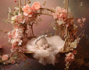 Newborn digital Backdrop, Newborn pink floral swing, Newborn swing Background, Digital Newborn swing prop, newborn floral swing