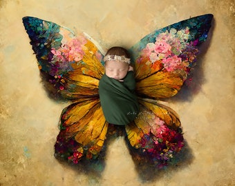 Telón de fondo digital recién nacido, alas de mariposa recién nacidas, mariposa digital recién nacida, alas de mariposa de acuarela para fotografía recién nacida