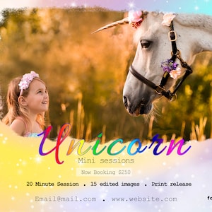 Unicorn mini session template, photography template, mini session template, mini session marketing board, unicorn minis, rainbows