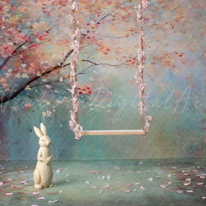 Peut inclure: Une balançoire en bois blanc est suspendue à une branche d'un arbre peint en rose et bleu. La balançoire est faite d'une seule planche de bois. L'arrière-plan est une scène peinte d'une forêt avec des fleurs roses. Une figurine de lapin blanc est placée au premier plan.