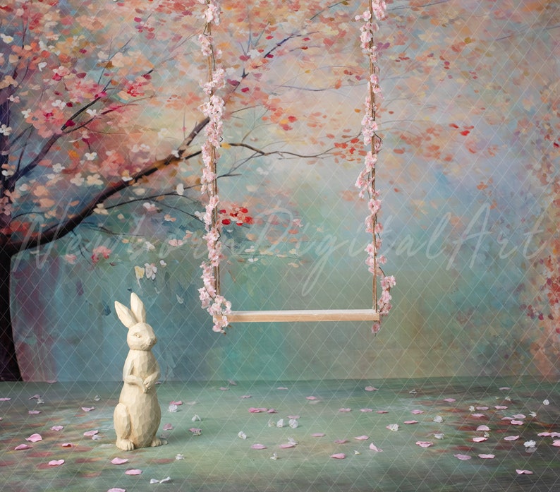 Easter Backdrop, Easter digital Backdrop, easter bunny background, floral swing, digital composite, cherry blossom backdrop, spring backdrop