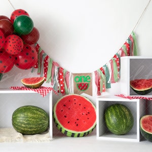May include: A white backdrop with a watermelon-themed birthday party setup. A garland of green, red, and white fabric hangs above three white cube shelves. The shelves are decorated with watermelon slices and whole watermelons. A banner with the word "one" and a watermelon graphic is displayed on the middle shelf.