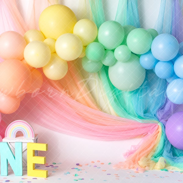 Pastel Rainbow backdrop, rainbow balloon arch, rainbow digital Backdrop, one year backdrop, printable backdrop