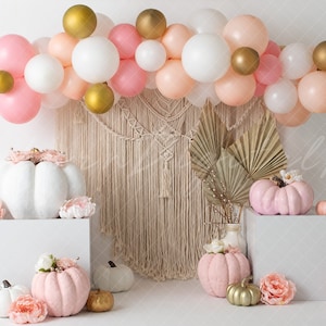 Pink and Gold Pumpkin Backdrop, Fall Girl Digital Backdrop, Digital backdrop, one year backdrop, printable backdrop