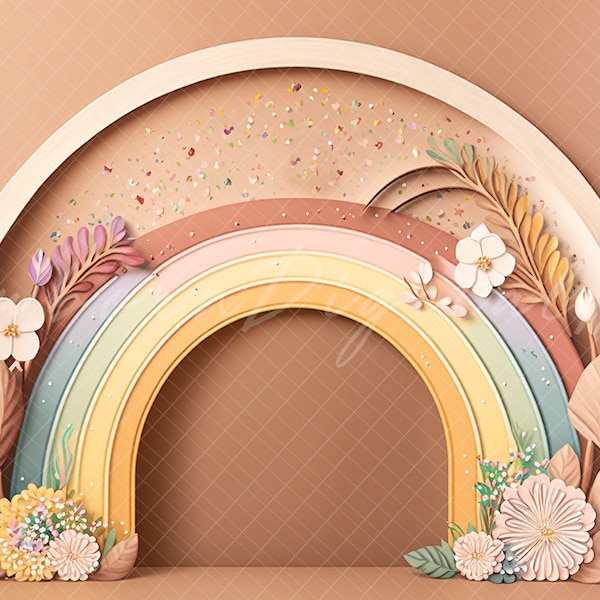 Telón de fondo del arco iris, telón de fondo del arco iris boho, telón de fondo imprimible, telón de fondo de pastel smash, arco boho, arco iris de madera, arco iris apagado