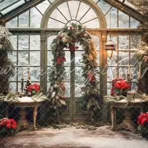Christmas Backdrop, winter Backdrop, christmas greenhouse digital backdrop, printable backdrop, snow background