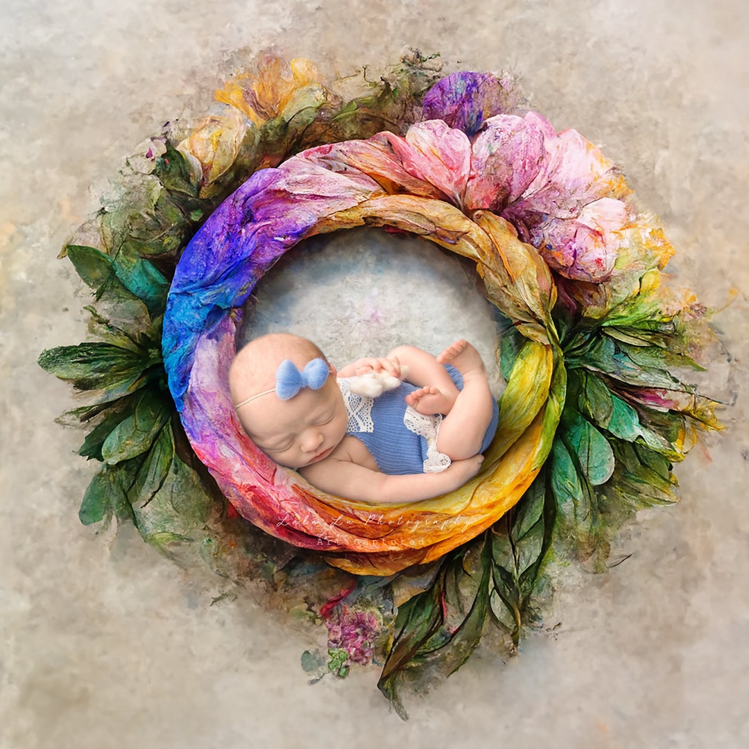 Rainbow Baby Digital Backdrop, Newborn Digital Backdrop, Rainbow Wreath