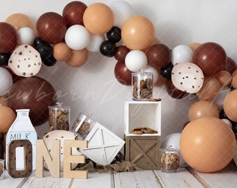 Telón de fondo de galletas y leche, Telón de fondo de galletas con chispas de chocolate, Fondo digital, Telón de fondo imprimible, Telón de fondo de un año, Smash de pastel