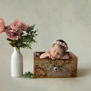 Puede incluir: Una recién nacida con una corona de flores rosa y blanca duerme en un cajón de madera vintage con un patrón floral. El cajón está sobre un fondo gris claro con un jarrón de flores rosas a la izquierda.