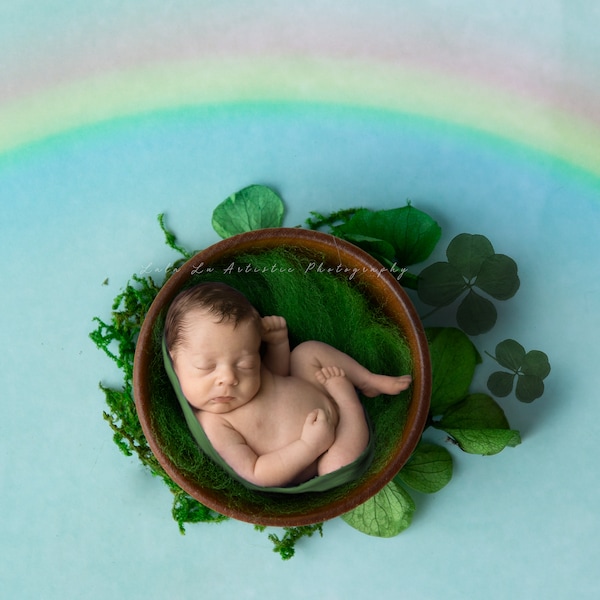 Digitale Schüssel für Neugeborene, St Patricks, Digitale Schüssel Prop, Newborn Prop, Kleeblätter, grüne Schüssel, Regenbogen Kulisse