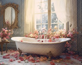 Puede incluir: Una bañera blanca con patas de garra llena de agua y pétalos de rosa se encuentra en un baño lujoso con una ventana grande y un arreglo floral. El baño tiene una estética vintage con detalles ornamentados y un esquema de color azul claro.