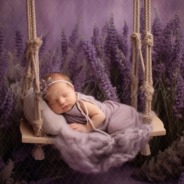 Newborn lavender swing, Newborn digital backdrop, Newborn swing prop, purple floral swing for newborn photography composite