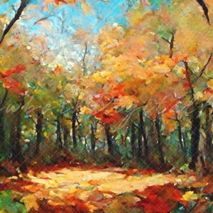 Puede incluir: Una pintura de un camino forestal en otoño. Los árboles son una mezcla de verde, amarillo, naranja y rojo. El camino está cubierto de hojas caídas. El cielo es azul.