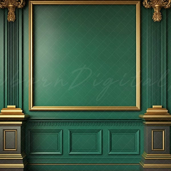 vintage wall Backdrop, retro wall Backdrop, Digital backdrop, printable backdrop, green wall with gold inlay, wainscoting, photography wall