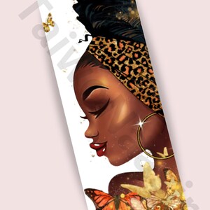 May include: Illustration of a woman with closed eyes, wearing a leopard print head wrap and gold hoop earrings. The image features butterflies in shades of gold and orange. The woman has red lipstick and a dark complexion.