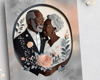 May include: A greeting card with a paper cut-out illustration of an older couple in a loving embrace. The card has a gray background with a peach-colored gradient and the text "Happy Anniversary" and "ours is my favourite love story".