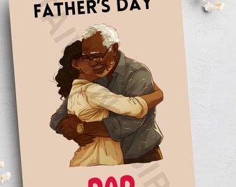 May include: A card with a drawing of a father and daughter hugging. The card says "Happy Father's Day Dad" in red and black text.