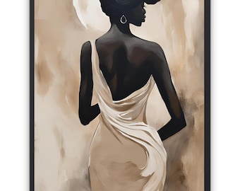 May include: An artistic print of a woman in a cream dress, viewed from the back. The woman has dark skin and hair, and is wearing a simple earring. The background is a blend of beige and white tones, framed in a black border.