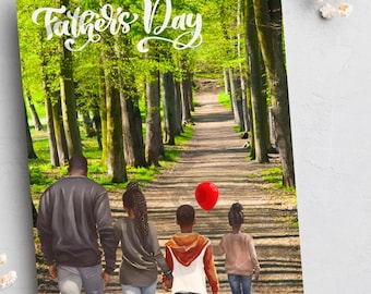 May include: A Father's Day card featuring a family of four walking down a tree-lined path. The card has the words "Happy Father's Day" in elegant script. A red balloon floats in the air, adding a touch of color to the scene.