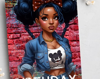 May include: Birthday card featuring a cartoon illustration of a young woman with blue hair, wearing a denim jacket, a white shirt with a cartoon mouse graphic, and a brown polka dot bow. The background is a red brick wall with blue and yellow paint splatters. The text "BIRTHDAY" is written in white letters at the bottom of the card.