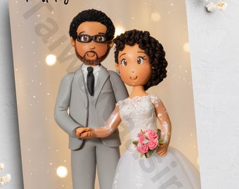 May include: A card with the text "Happy Anniversary" features a figurine couple. The man wears a gray suit and glasses, while the woman is in a white wedding dress and holds a bouquet of pink roses. The background has soft lighting.
