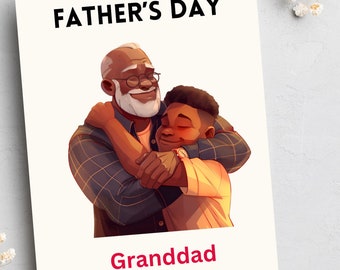 May include: A card with a cartoon illustration of an older man with a white beard and glasses hugging a younger man. The card says "Happy Father's Day" and "Granddad" in red text.