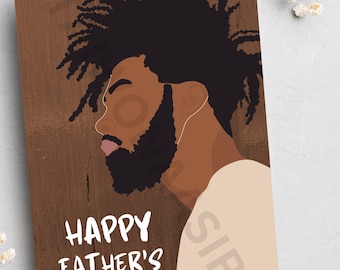 May include: A card with a woodgrain background featuring a digital illustration of a Black man with a beard and dreadlocks. The text "Happy Father's Day" is written in white on the card.