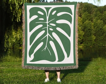 Monstera Deliciosa Decke | Überwurf aus Baumwolle | Jacquard Gobelin oder Picknick Decke | Fransenrand | Abstrakte Kunst gewebte Decke | Grün