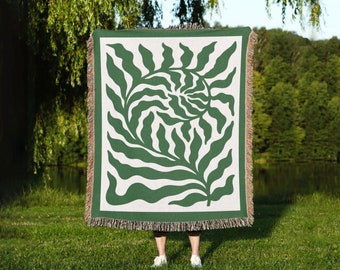Couverture botanique inspirée de Fern Matisse | Jeté en coton | Tapisserie Jacquard ou couverture de pique-nique | Bords frangés | Couverture tissée | Vert
