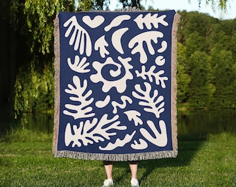 Matisse Inspired Throw Blanket: Blue Coral Cotton Woven Tapestry