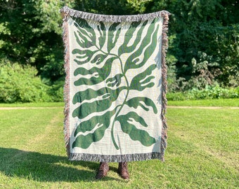 Matisse Botanical Blanket: Green Abstract Art Cotton Throw