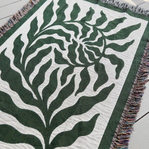 Fern Matisse Inspired Botanical Blanket Cotton Throw Jacquard Tapestry or Picnic Blanket Fringed Edge Woven Blanket Green image 2