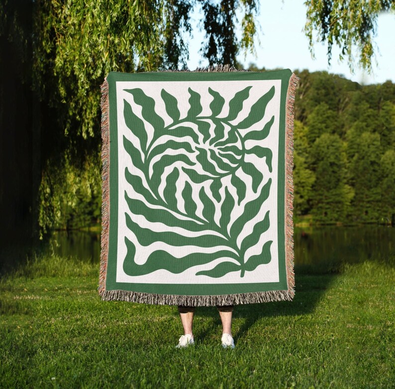 Fern Matisse Inspired Botanical Blanket Cotton Throw Jacquard Tapestry or Picnic Blanket Fringed Edge Woven Blanket Green image 1